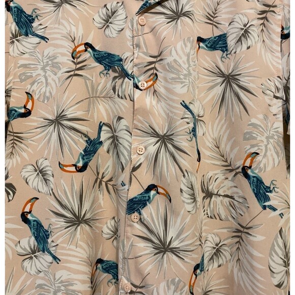 Good Vibes Life Is A Beach 80s Pastel Pink Bird Hawaiian Mens Shirt Med Resort - Picture 6 of 12